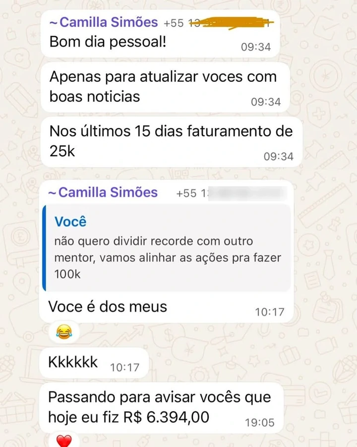 Depoimento de Camilla Simões no WhatsApp